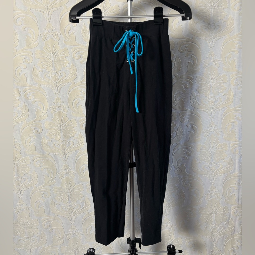 Black Leggings with Blue Lace-Up Detail